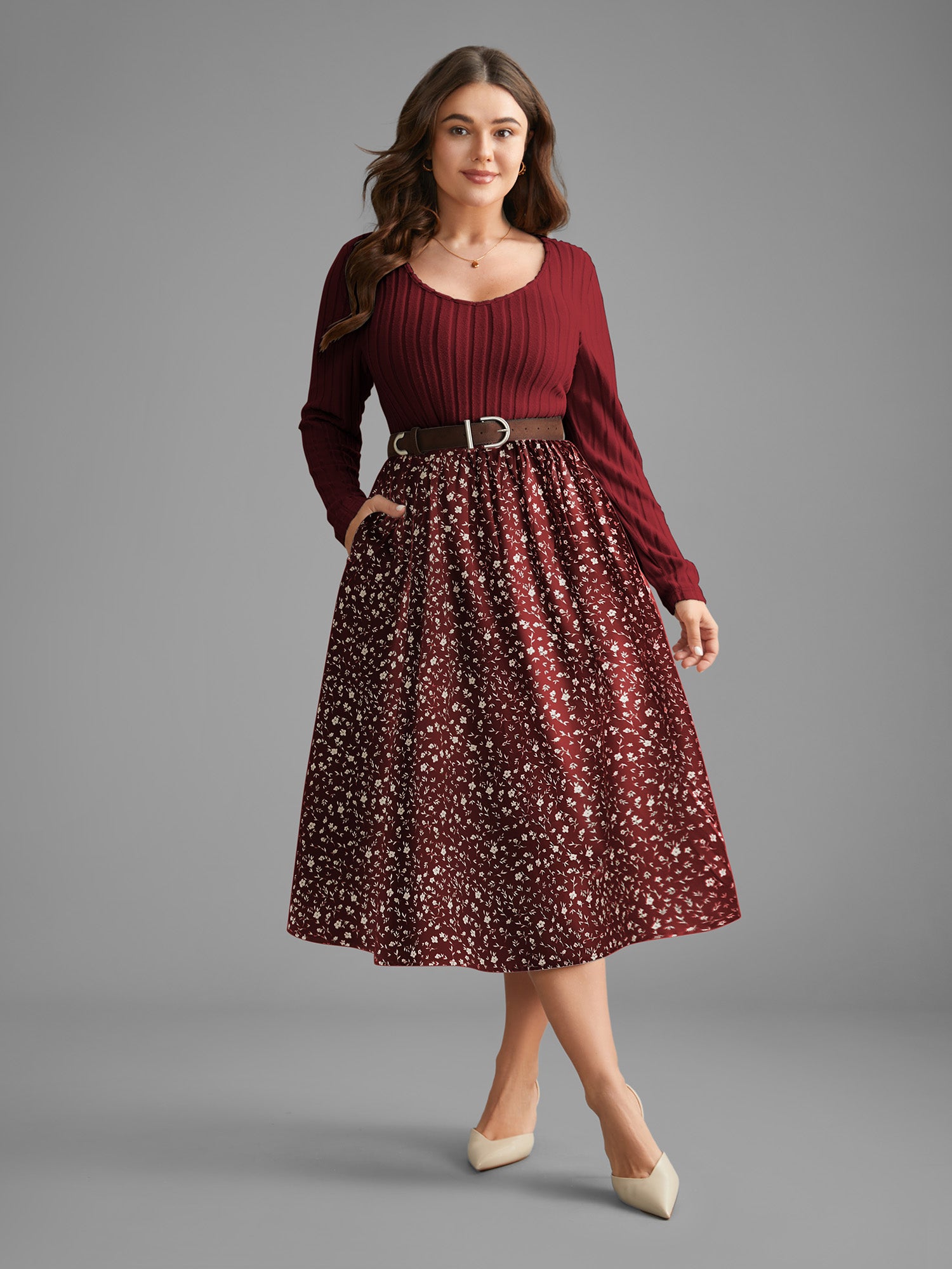 Ditsy Floral Patchwork Texture Midi Dress