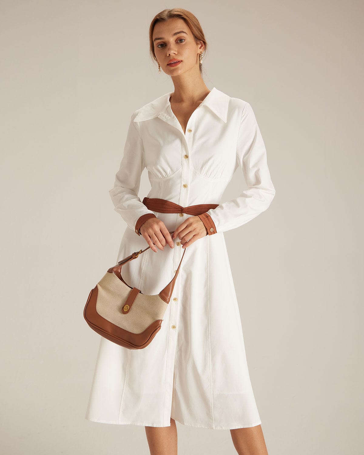 The White Colorblock Belted Shirt Midi Dress