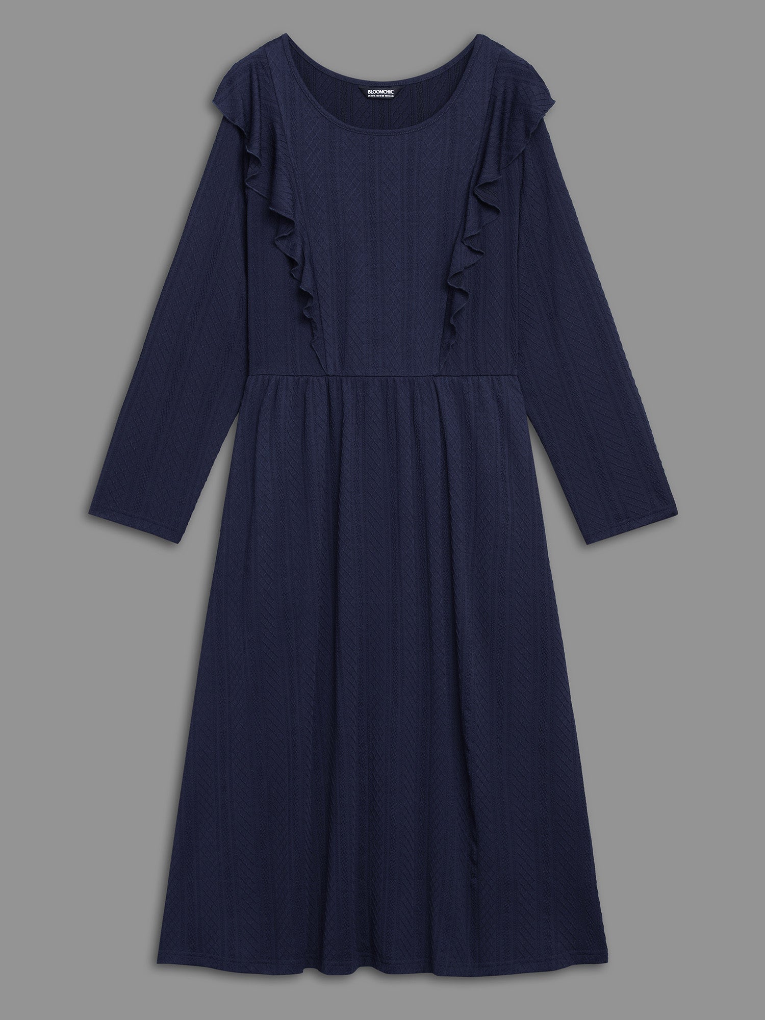 Plain Crew Neck Ruffle Trim Plisse Dress