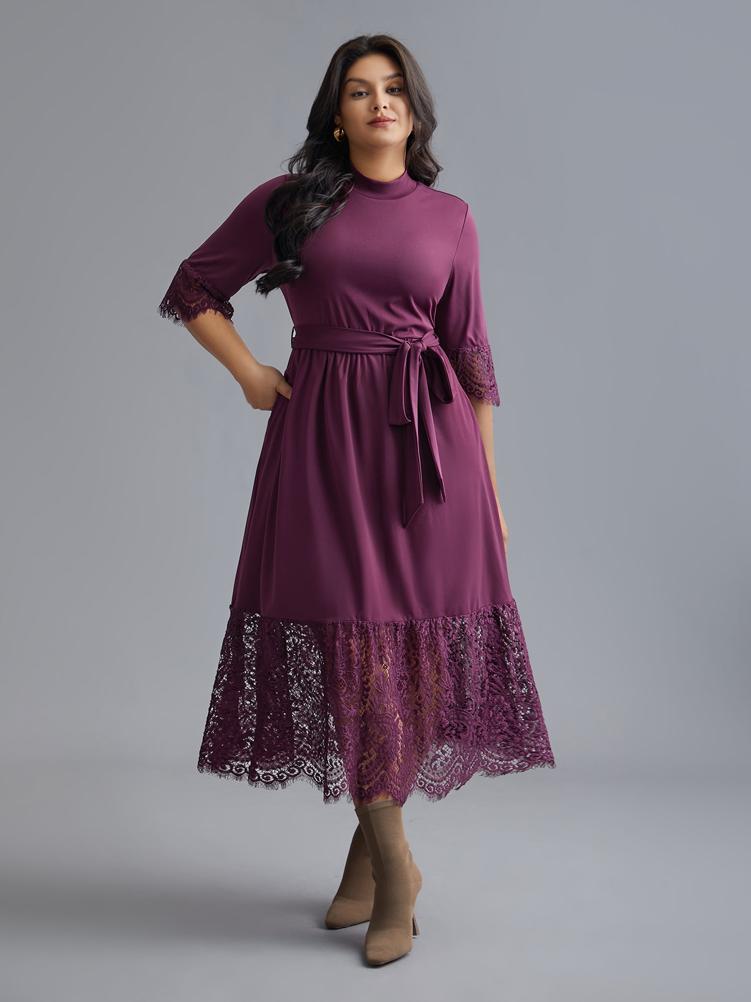 Mock Neck Crochet Lace Belted Dress