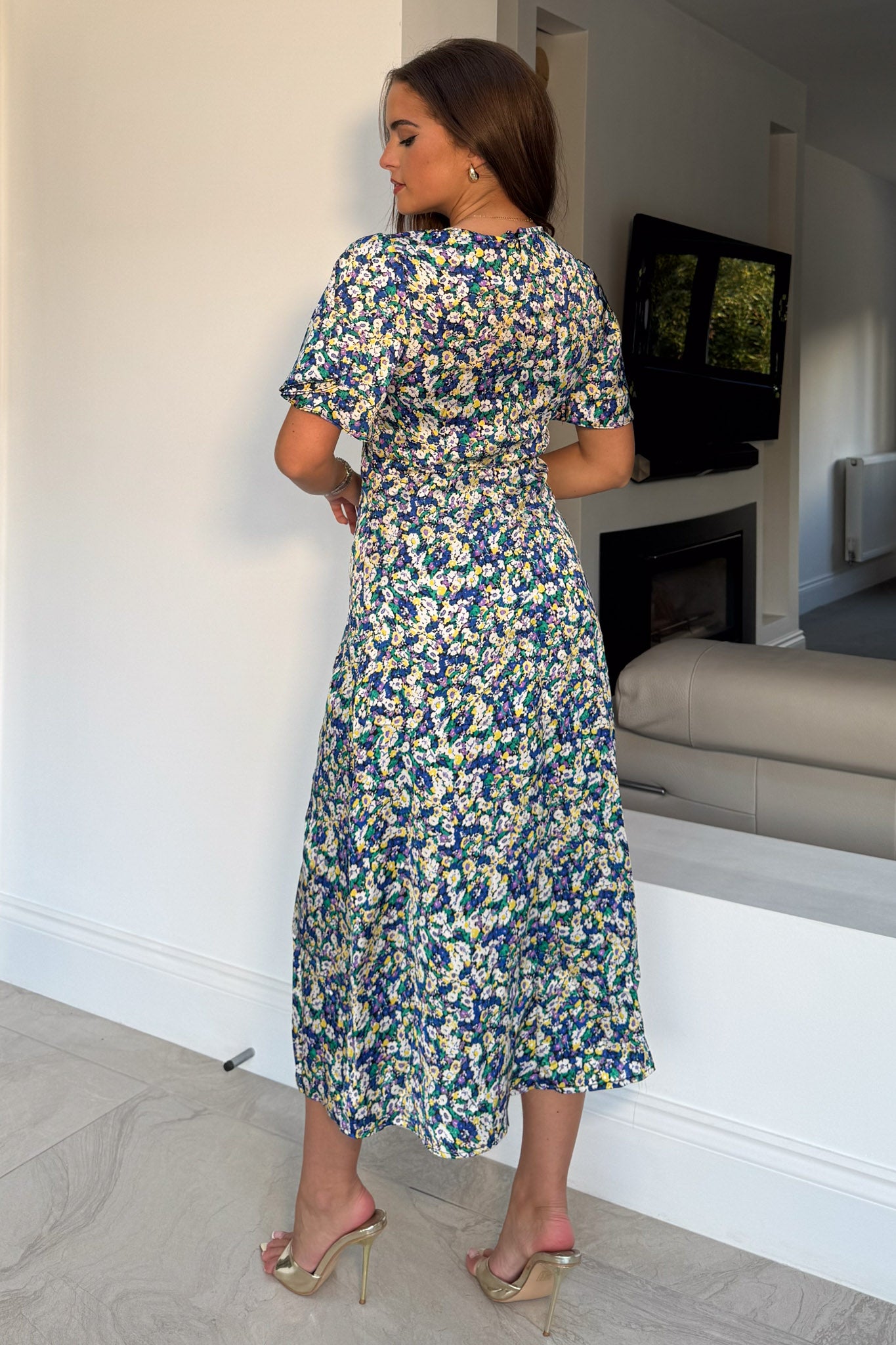 Levi Ditsy Floral Angel Sleeve Split Leg Midi Dress