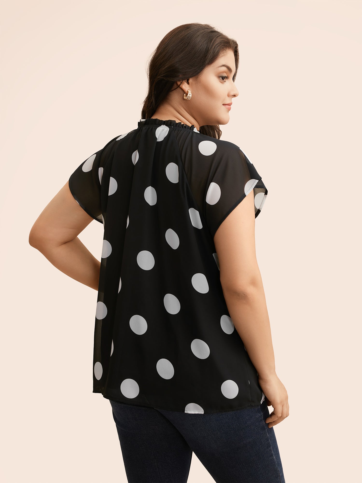 Polka Dot Mock Neck Mesh Patchwork Blouse