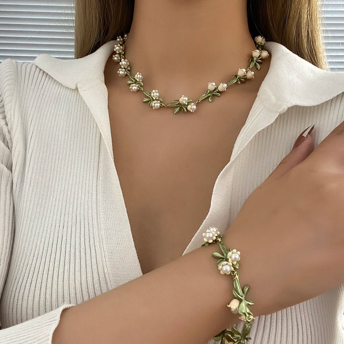 Lily of the Valley Pearl Choker Necklace. Bracelet. and Earrings Set