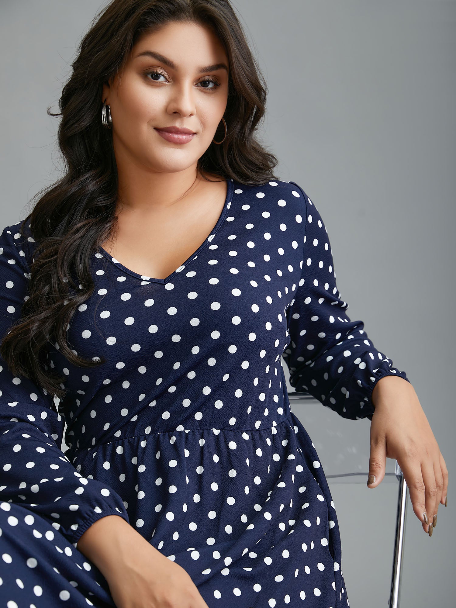 V Neck Polka Dot Midi Dress