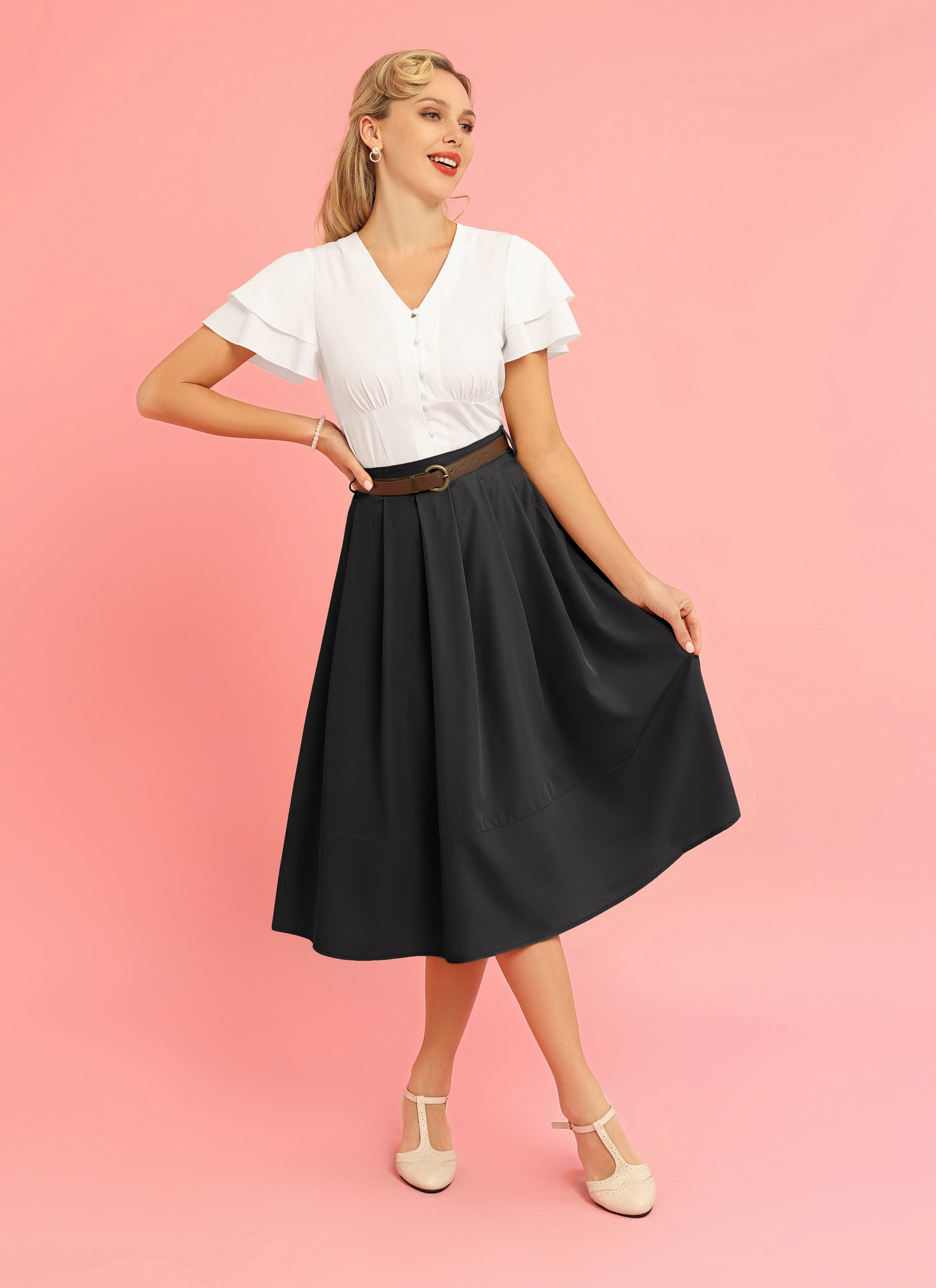 Pleated Swing Skirt with Belt Elastic High Waist A-Line Midi Skirt