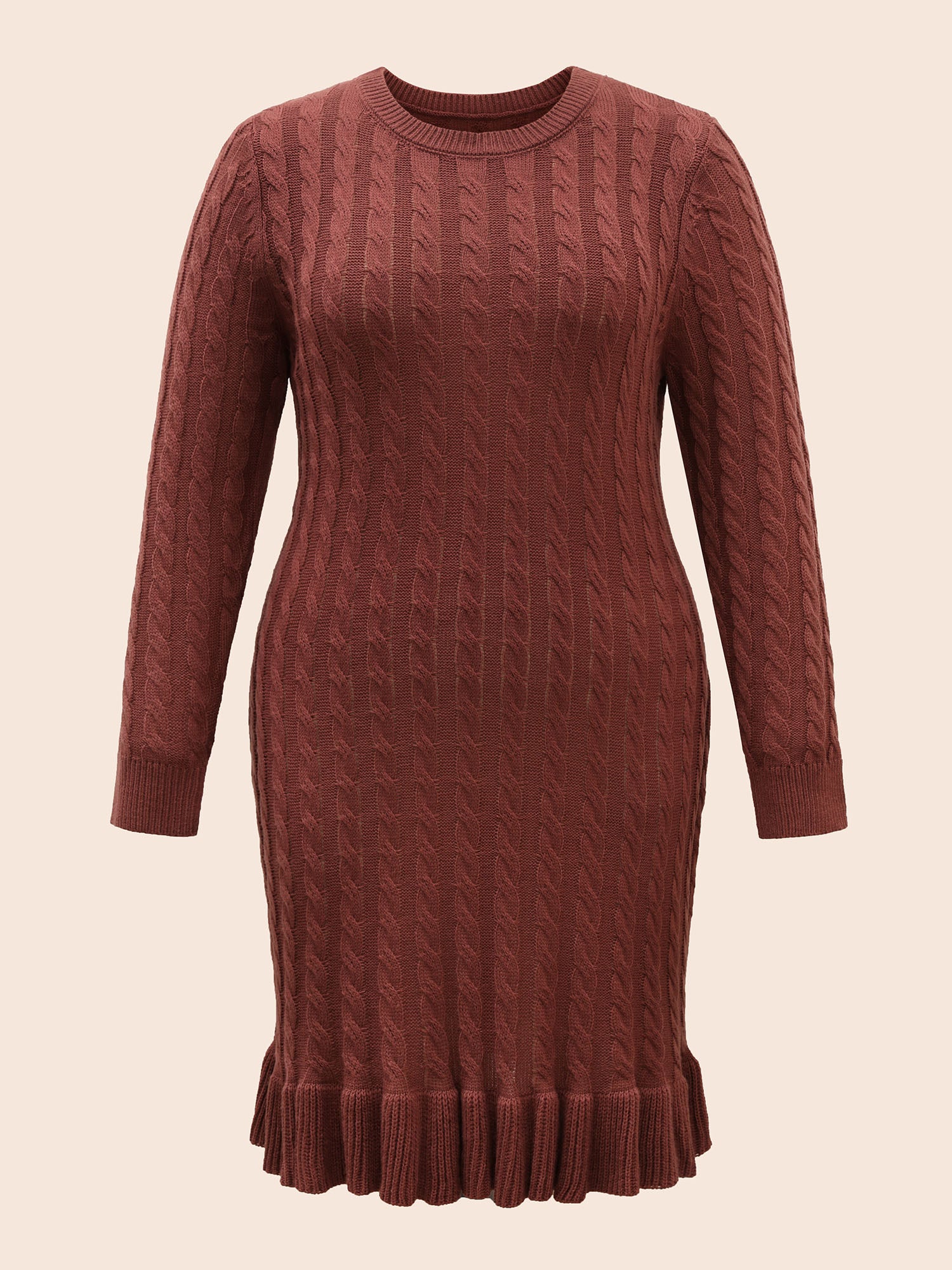 Round Neck Cable Knit Ruffle Trim Sweater Dress