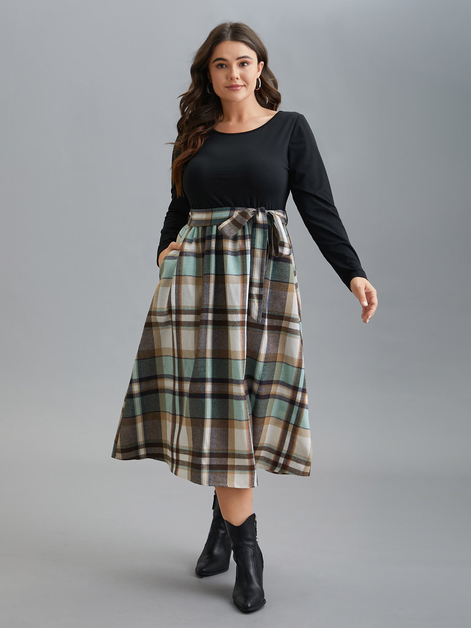 Plaid Patchwork Elastic Waist Belted Dress