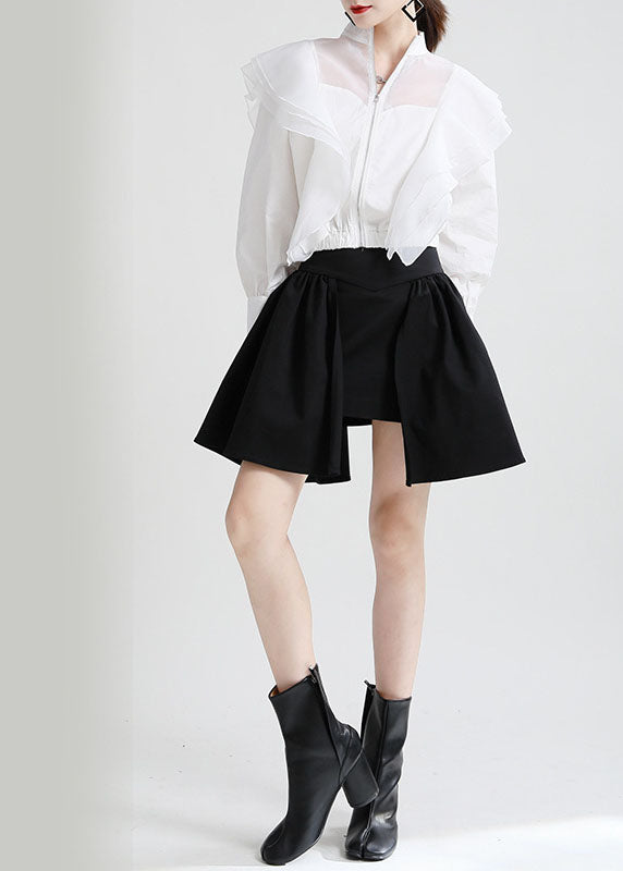 Vintage White Ruffles Zippered Patchwork Tulle Fall Long sleeve Coat