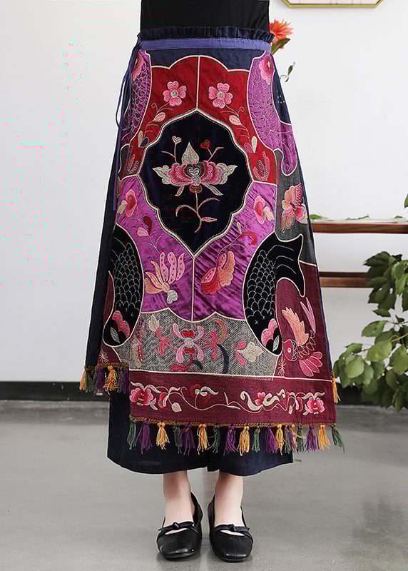 Elegant Embroidered Floral Tassel Drawstring Tie Waist Elastic Waist Skirt Summer