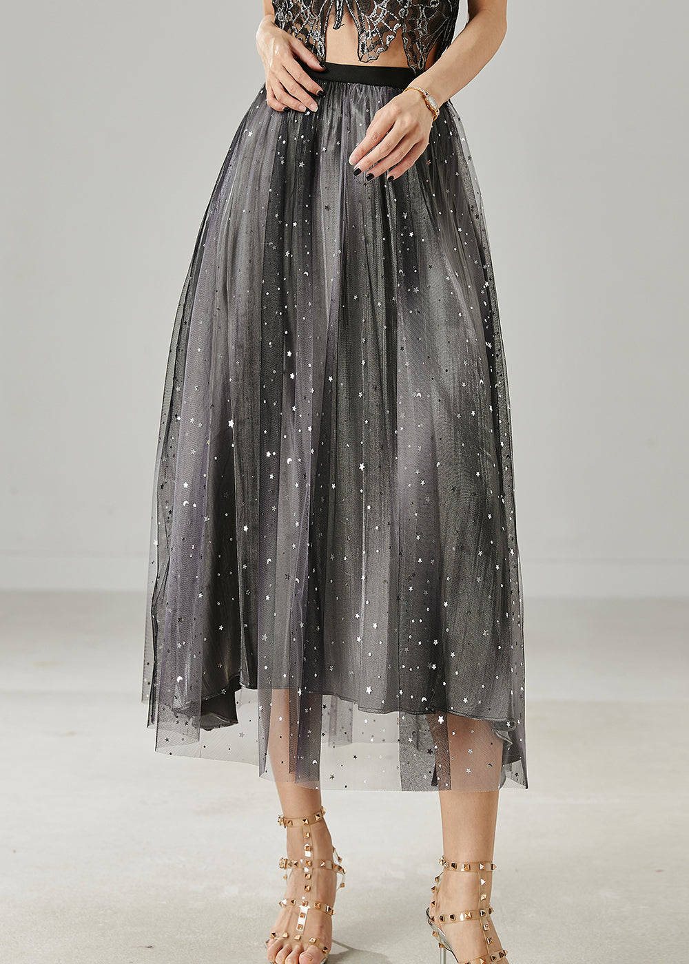 Organic Black Sequins Tulle Pleated Skirt Summer