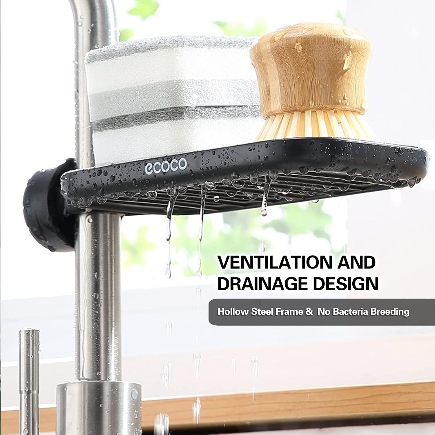 Faucet Storage Rack Shower Caddy For Kitchen And Bathroom. Hanging Organizer Stainless Steel Dish Soap Tray (Black)