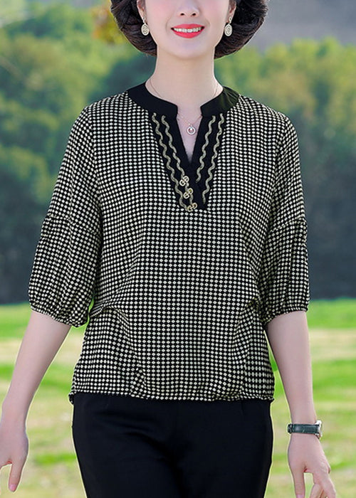 Coffee Plaid Patchwork Cotton T Shirt V Neck Summer