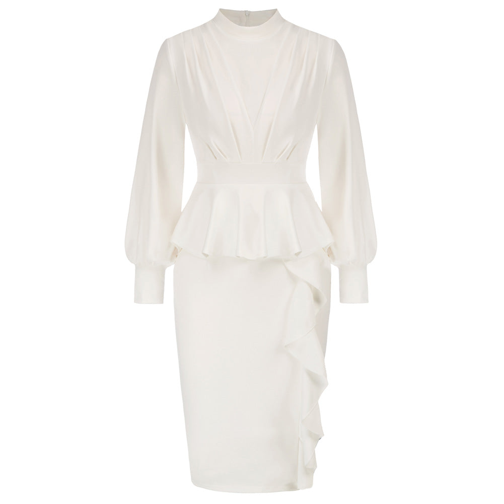 Seckill Offer⌛Vintage Peplum Long Lantern Sleeve High Neck Bodycon Dress