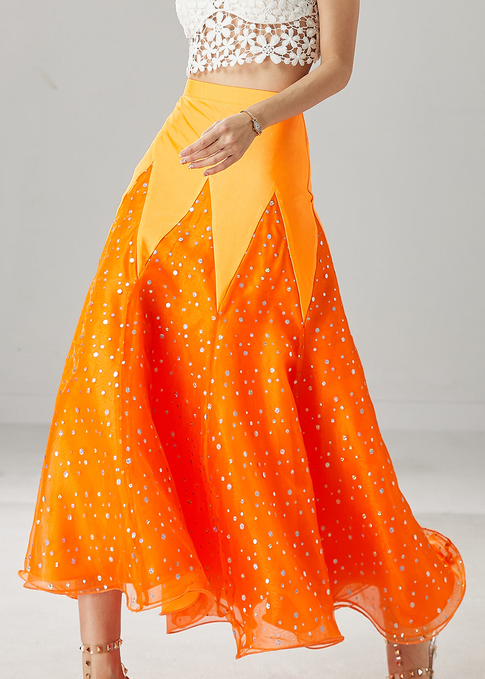 Orange Silm Fit Patchwork Zircon Tulle Skirts Spring