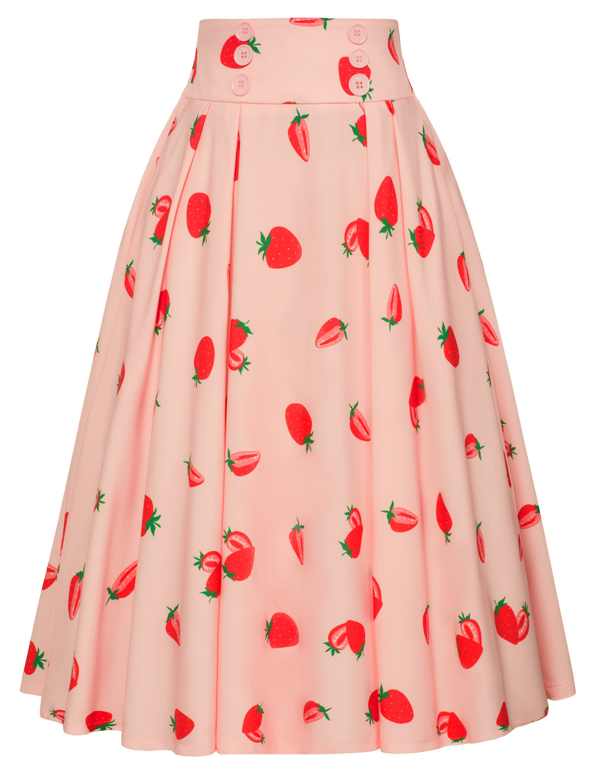 Cherry Patterns Pleated Buttons Decorated Elastic Waist High Waist Swing A-Line Skirt with Pockets