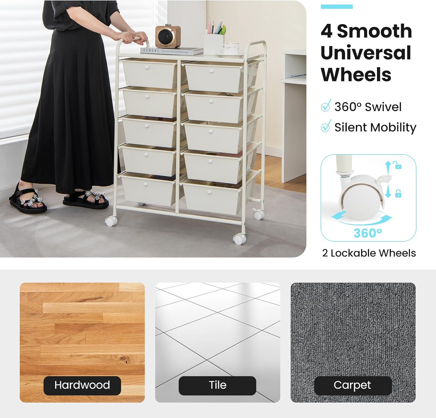 GIANTEX Stackable Storage Trolley with 10 Drawers with Lockable Wheels for Kitchen, Bathroom, Office, 65.5 x 37 x 87 cm