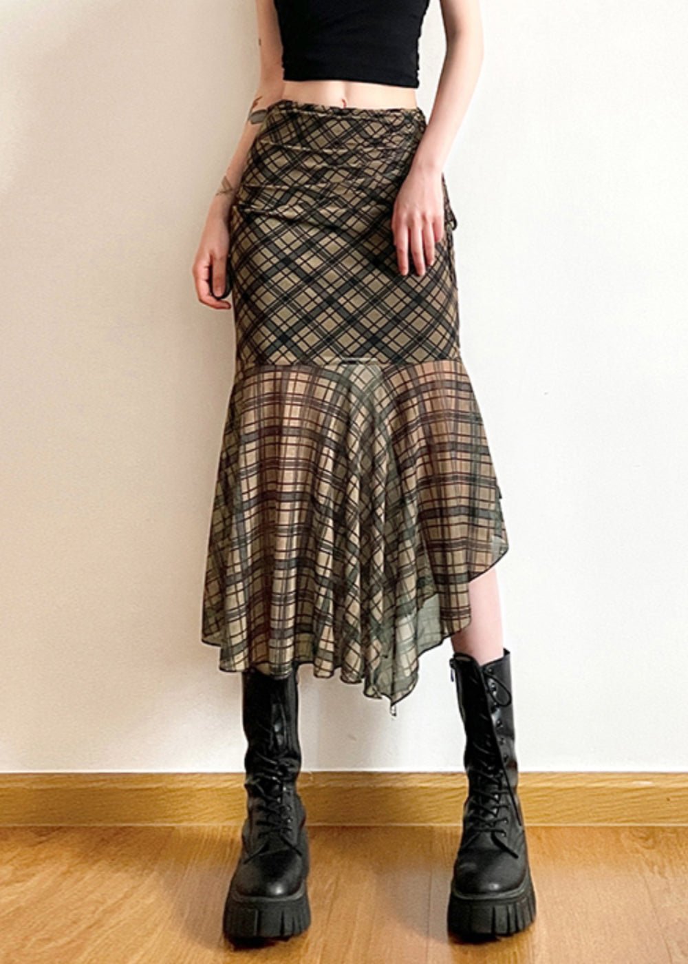 Boutiqu Asymmetrical Plaid Patchwork High Waist Maxi Skirt Summer