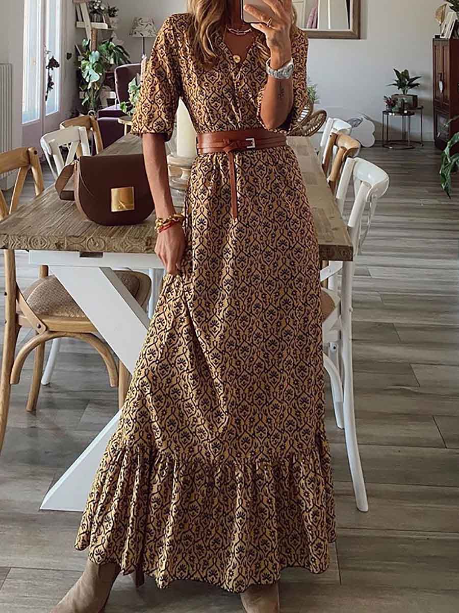 Bohemian Print Short-Sleeved V-Neck Dress