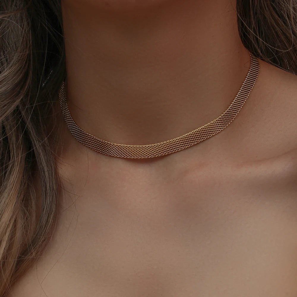 18k Layered Gold Mesh Choker Necklace and Bracelet