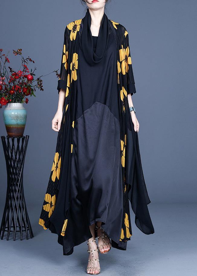 DIY Yellow Floral Summer Three Quarter sleeve Silk Long Loose Jacket