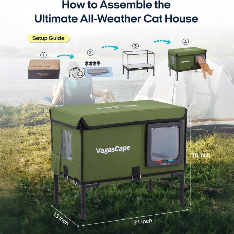 Heated Outdoor Cat House, Thermostat & Overheat Protection with Auto Shutoff, Warms in ~3s & Energy-Saving – Waterproof, Insulated & Elevated, 12mm Fiberglass Frame, Escape Door & Window, UL-Tested Heating Core