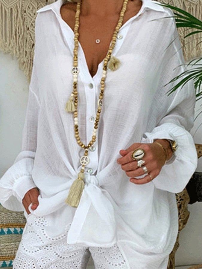 Ladies Spring/Summer Solid Color Casual Long Sleeve Shirt