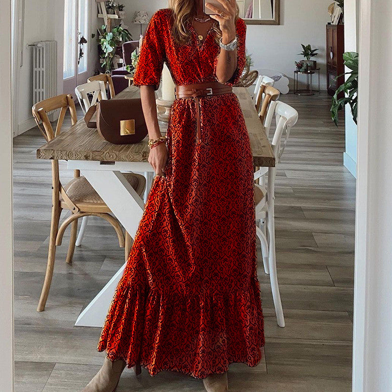 Bohemian Print Short-Sleeved V-Neck Dress