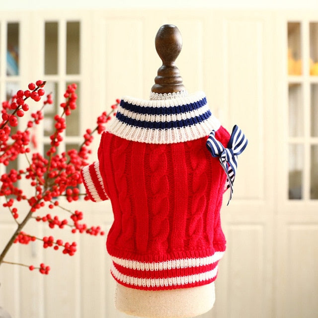 Striped Bowknot Knited Cat Dog Sweater