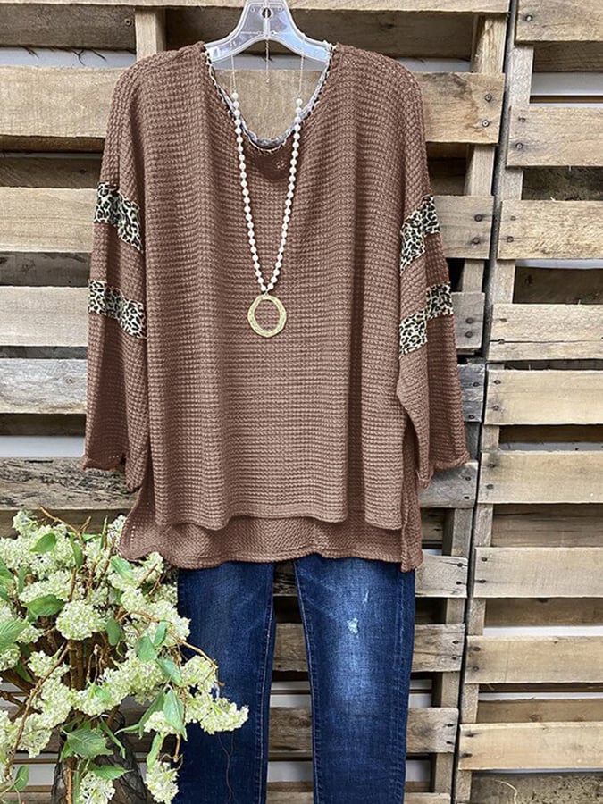 Leopard Stitching Design Waffle Long-Sleeved Shirt