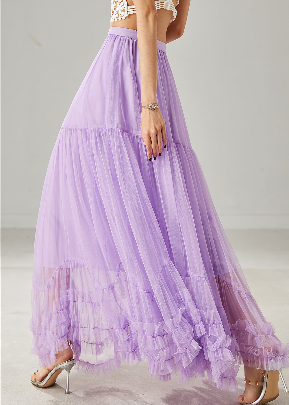 Women Purple Ruffled Tulle A Line Skirt Summer