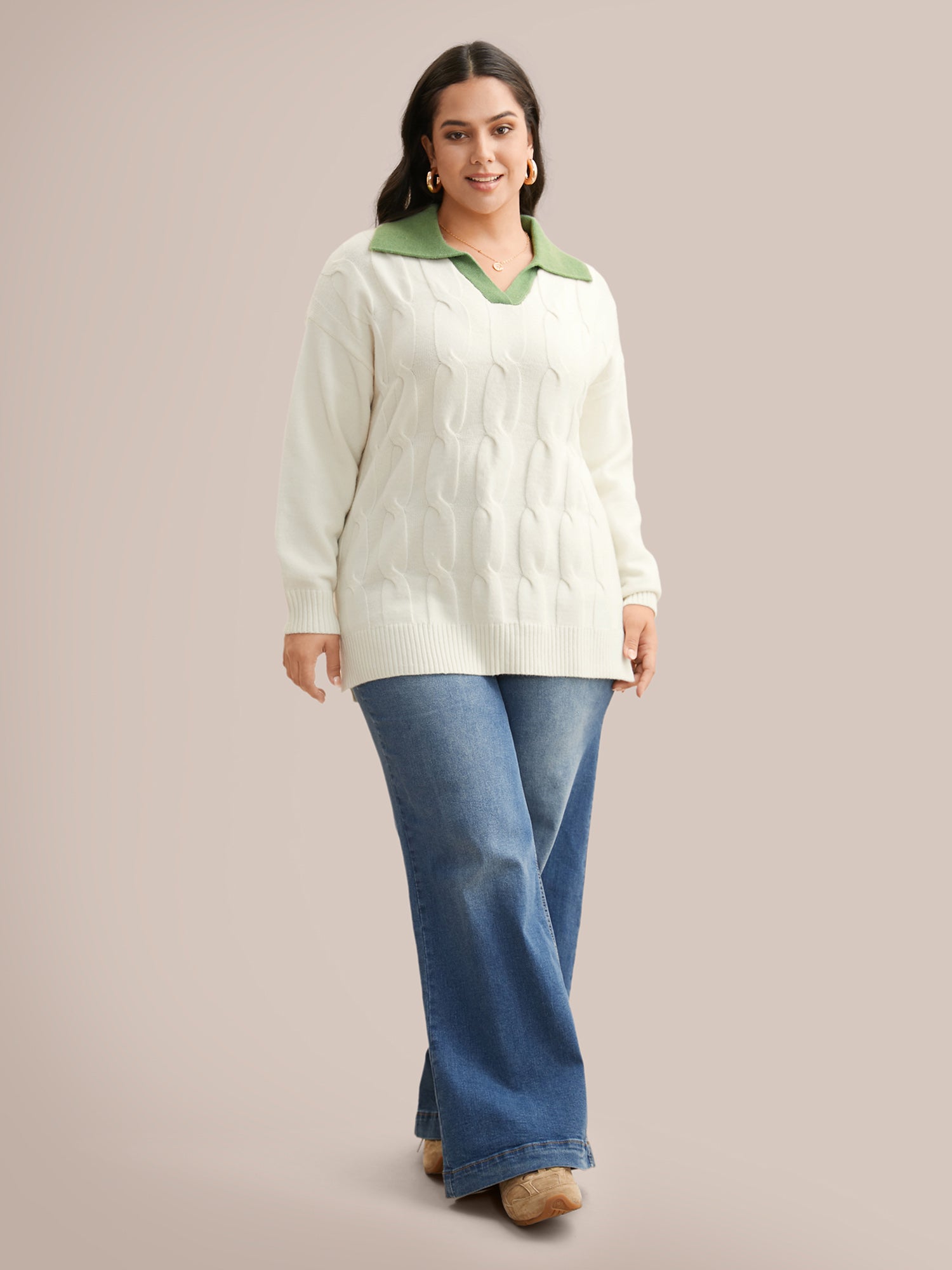 Supersoft Essentials Contrast Polo Neck Cable Knit Pullover