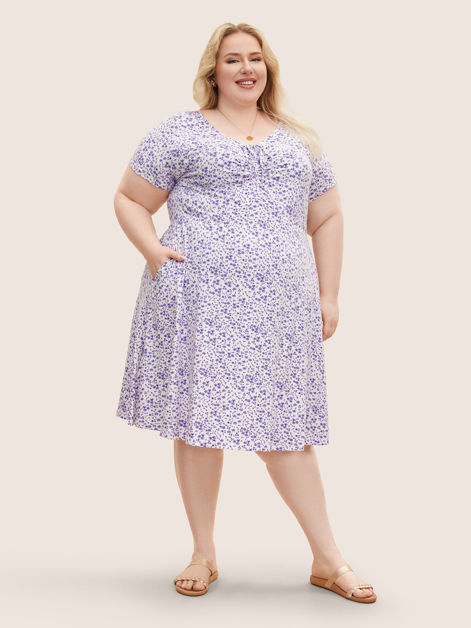 Ditsy Floral Elastic Waist Knot Drawstring Dress