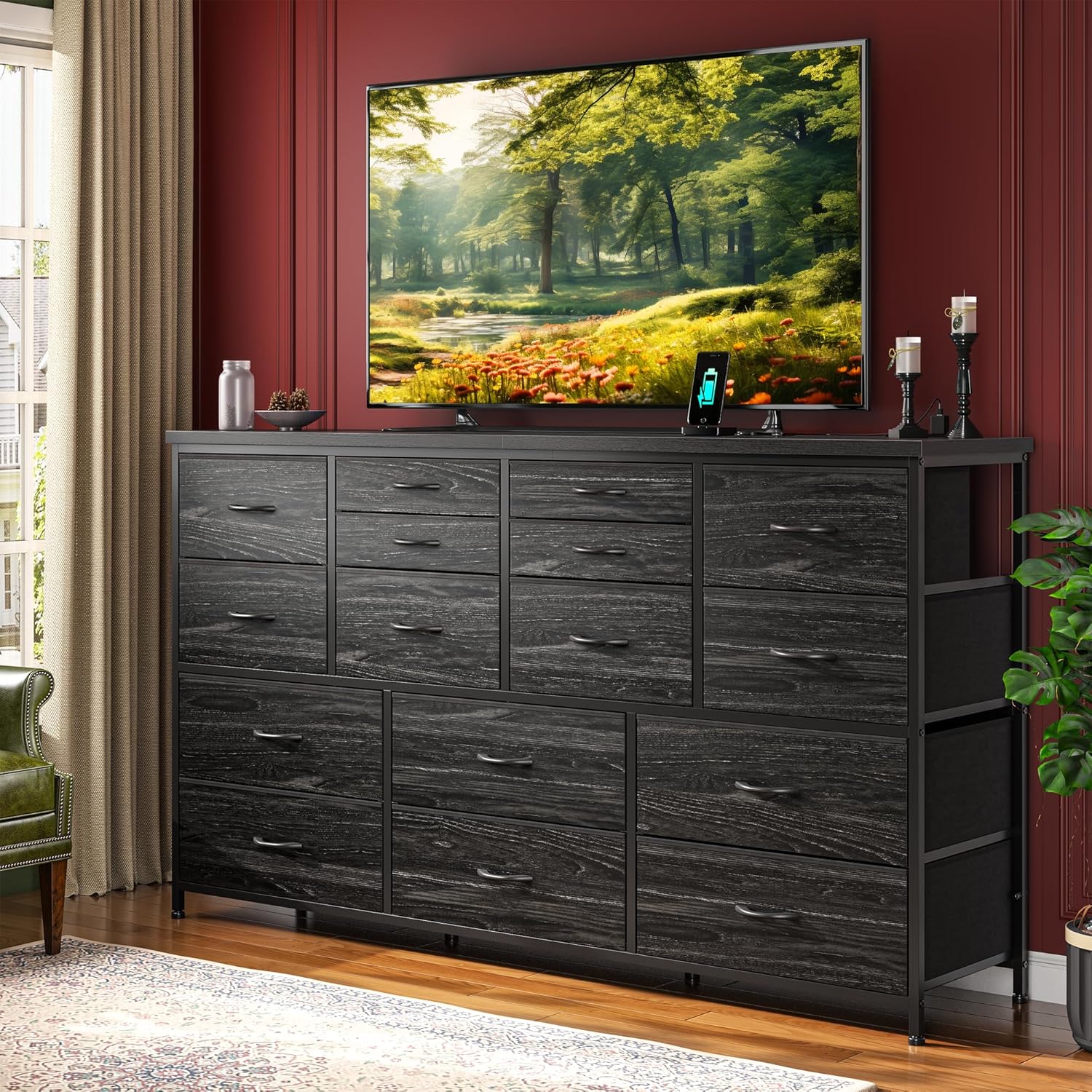 Dresser for Bedroom with 16 Fabric Drawers Long Dresser with Charging Station TV Stand for 60