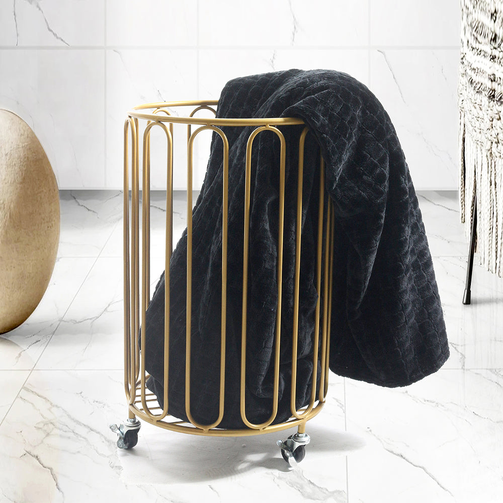 54cm Modern Round Metal Laundry Basket With Wheels. Gold