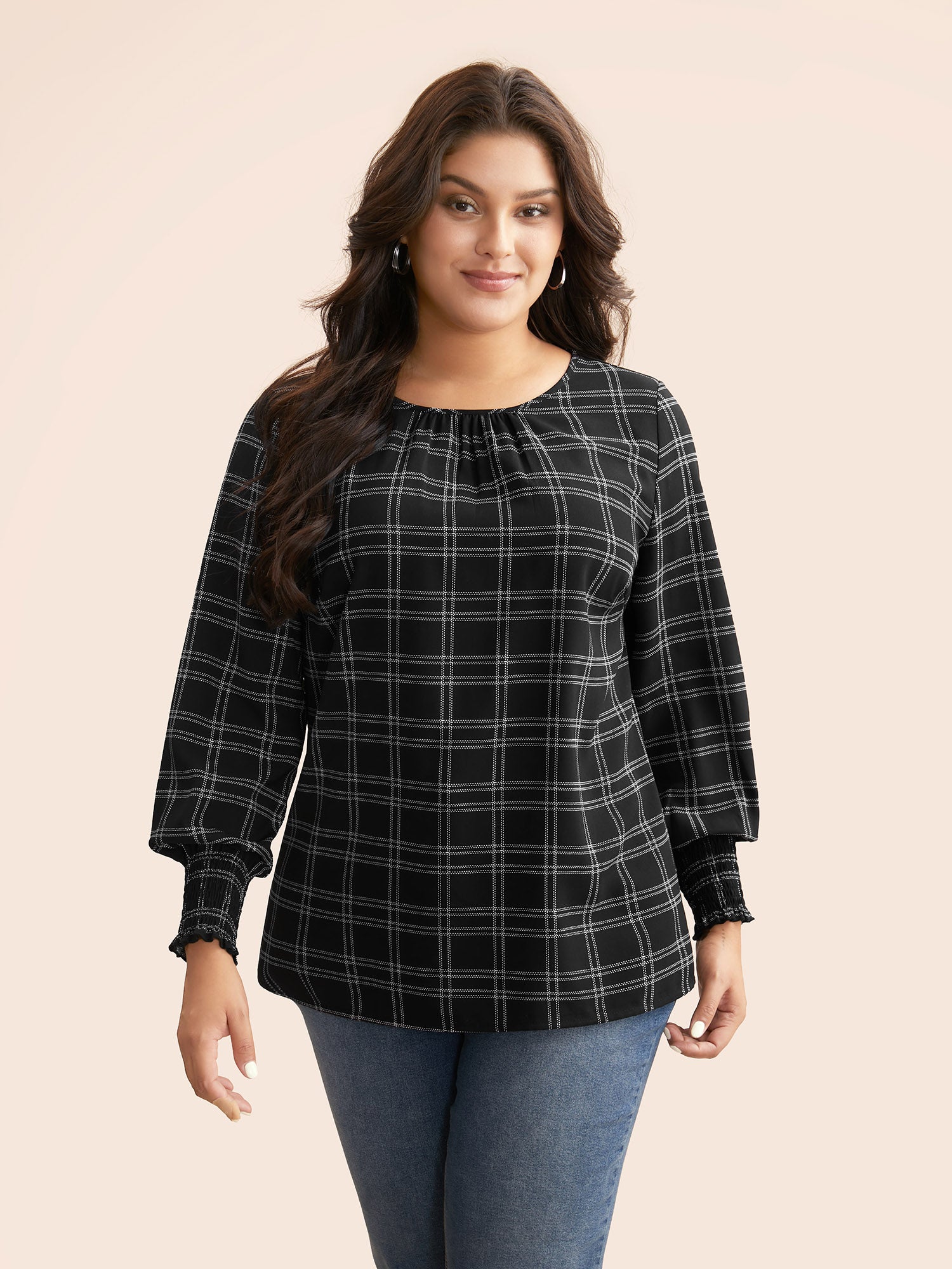 Plaid Gathered Lantern Sleeve Blouse