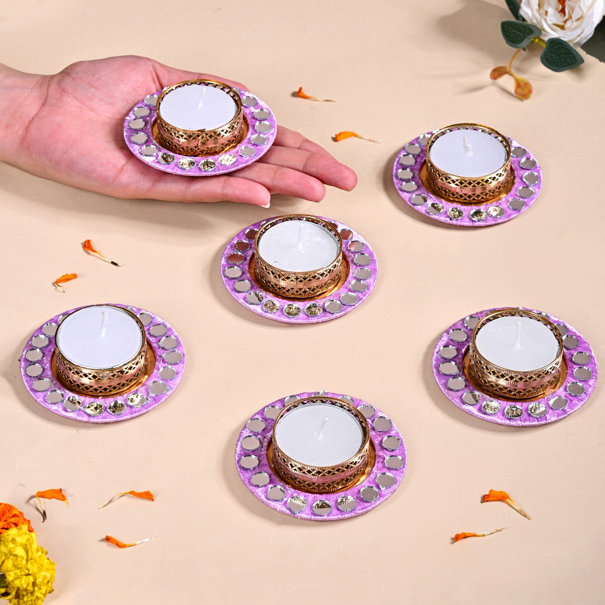 Lavender Tealight Holders With Mirror Decoration Set Of 6