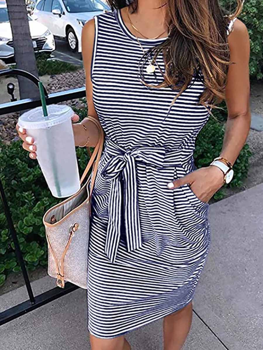 Sleeveless striped lace-up dress (7 colors)