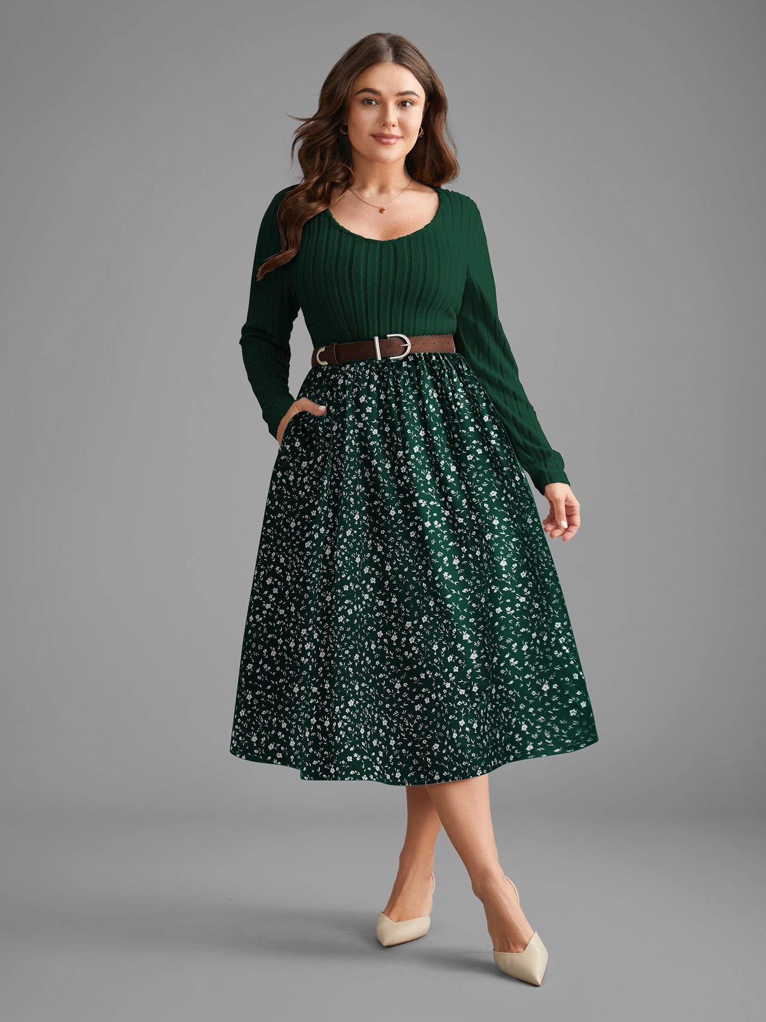 Ditsy Floral Patchwork Texture Midi Dress