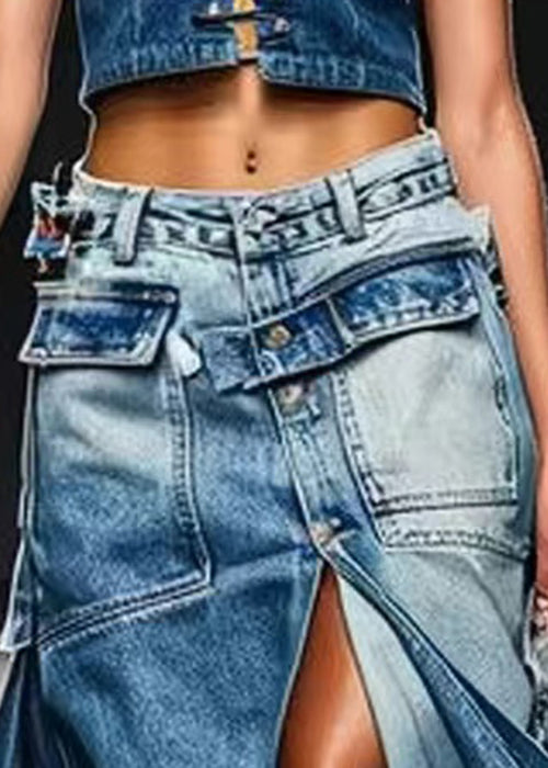 Blue Button Pockets Front Open  Skirt Summer