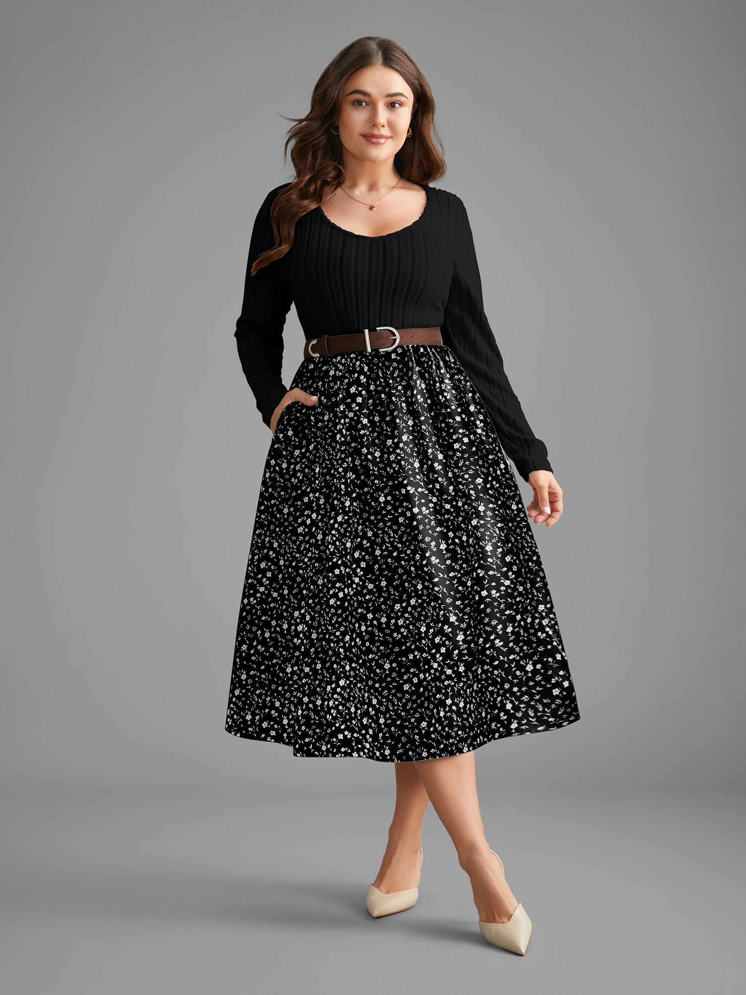 Ditsy Floral Patchwork Texture Midi Dress