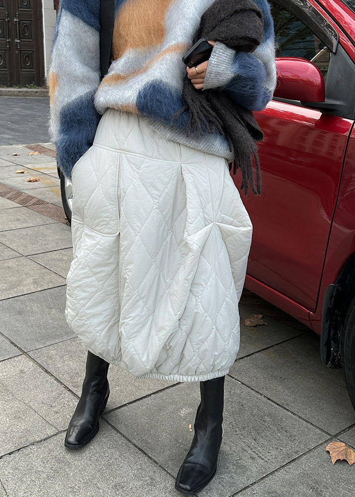 Grey White Asymmetrical Pockets Fine Cotton Filled Skirts Winter