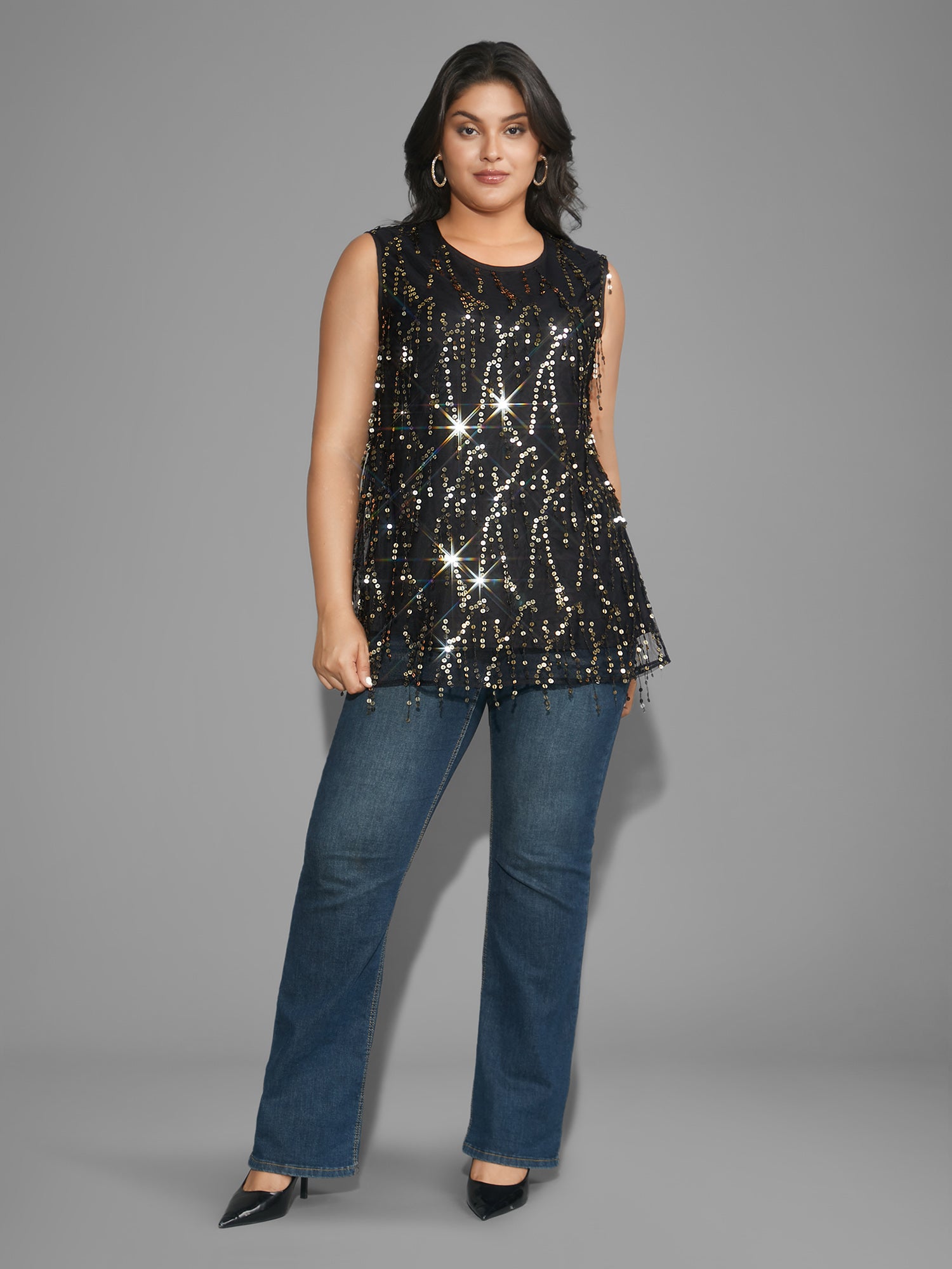 Sequin Mesh Tassel Trim Tank Top