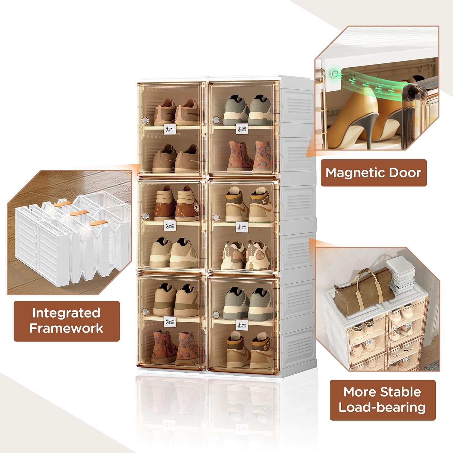 ANTBOX Shoe Organizer Storage Box, Portable Folding Shoe Rack For Closet With Magnetic Clear Door