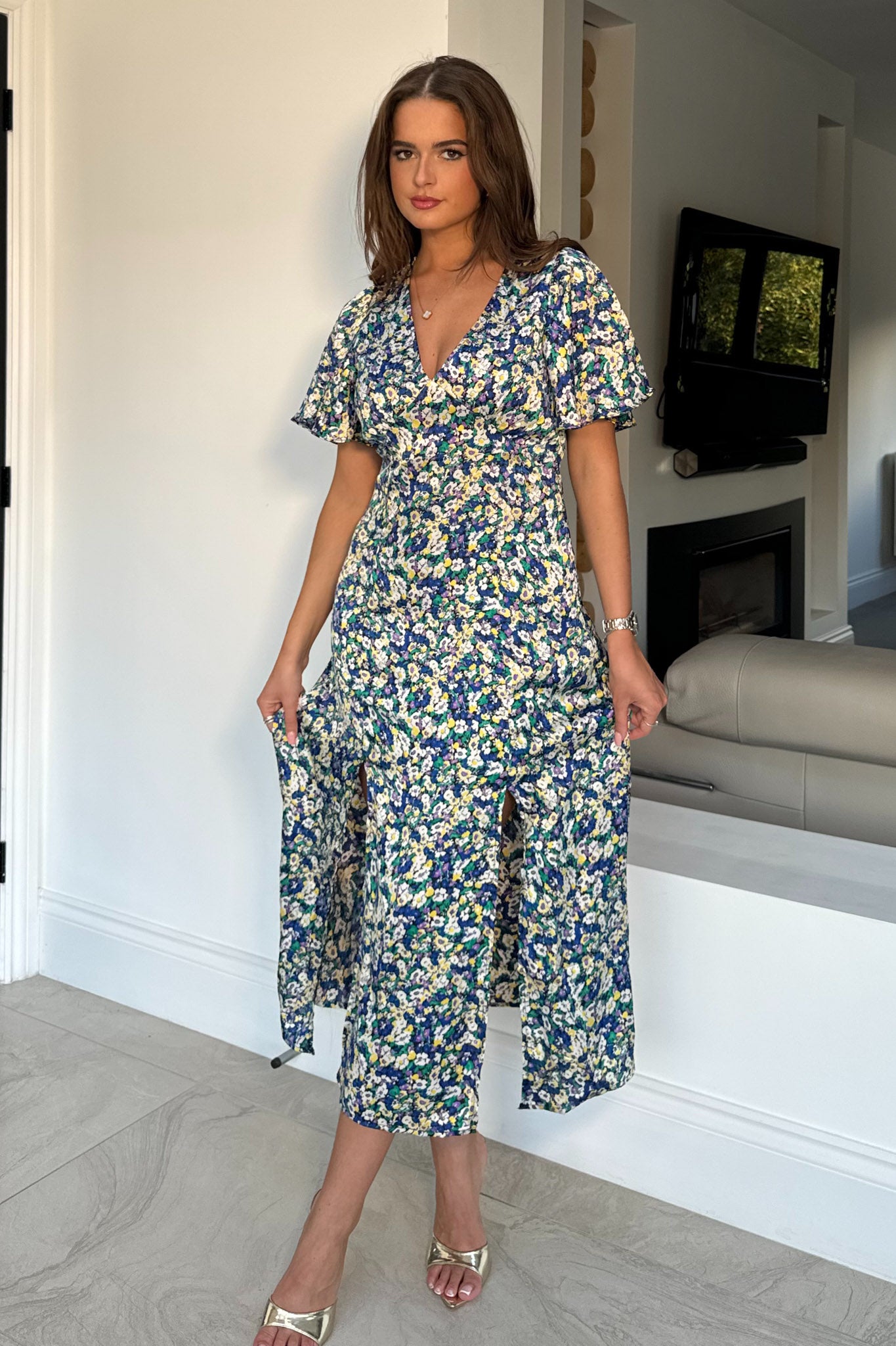 Levi Ditsy Floral Angel Sleeve Split Leg Midi Dress