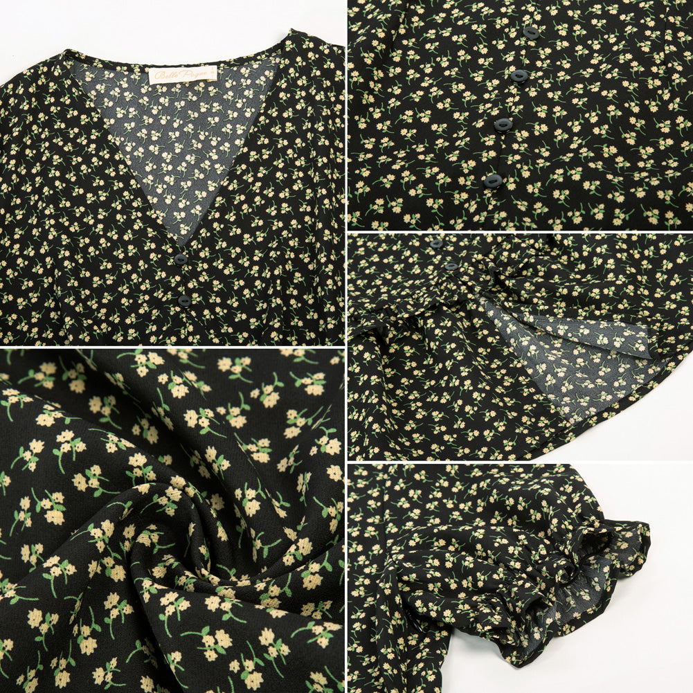 Vintage Floral Dress Short Sleeve V-Neck Front Slit A-Line Dress