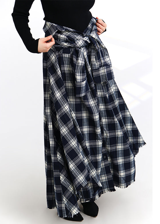 Plaid Lace Up Button Elastic Waist Cotton Skirt Spring