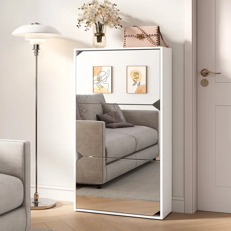 Adjustable Shelf Mirror] 3 Flip-up Drawer Adjustable Shelf Mirror Shoe Cabinet