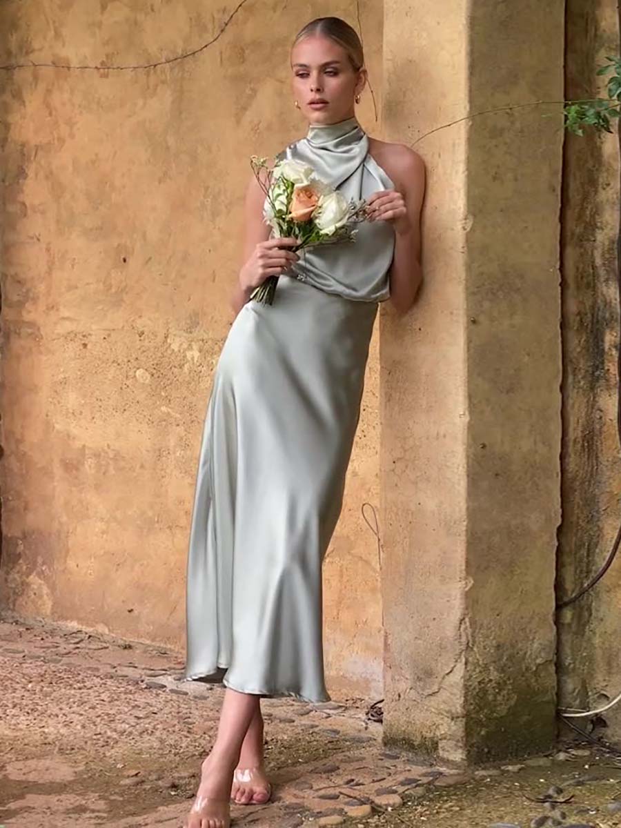 Sleeveless Hanging Neck Solid Color Satin Dress(6 Colors)