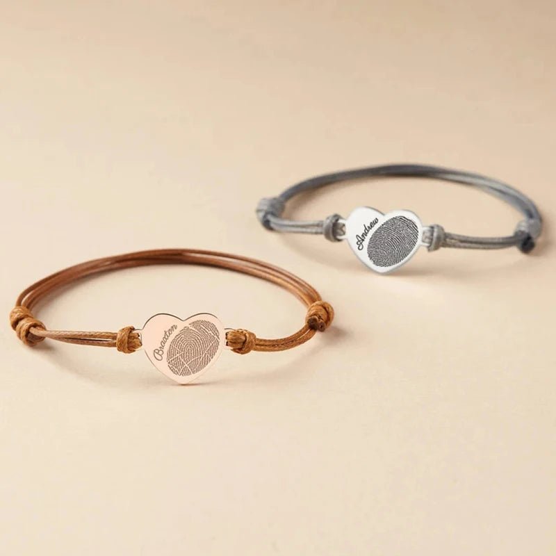 Adjustable Heart Custom Name & Fingerprint Rope Bracelet