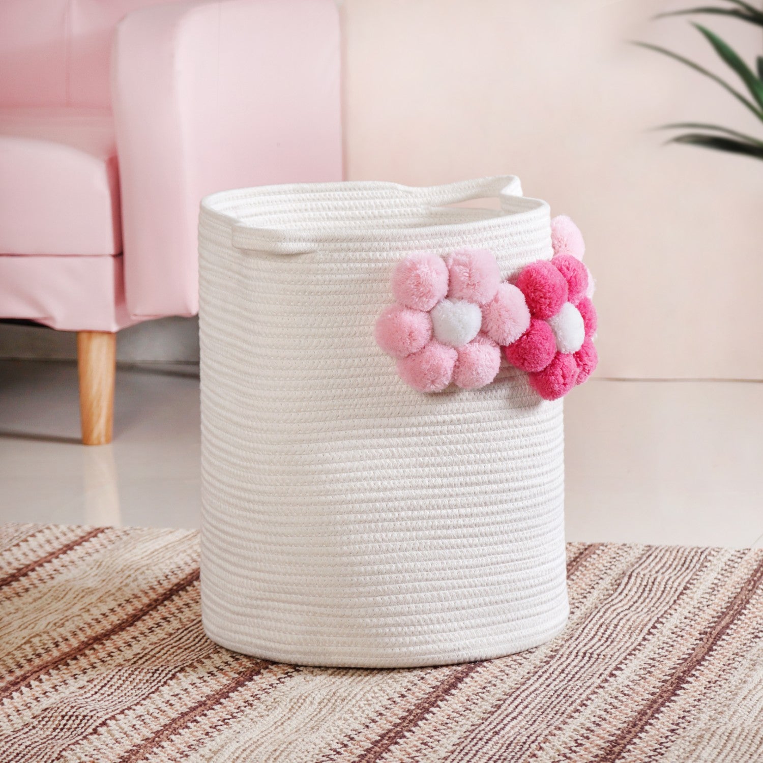 White Basket With Pink Flowers 40cm